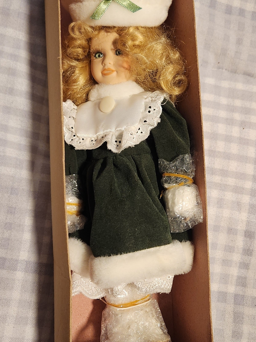 Porcelain Doll - Green Velvet Holiday Dress with White Trim